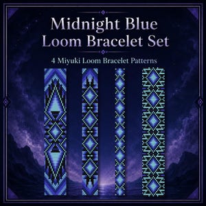Puede incluir: Un gráfico digital que muestra cuatro patrones de pulseras de telar Miyuki en tonos azul, negro y turquesa claro. El texto dice Midnight Blue Loom Bracelet Set y 4 Miyuki Loom Bracelet Patterns sobre un cielo nocturno oscuro y estrellado.