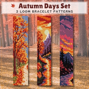 Puede incluir: Tres patrones verticales de pulseras de telar titulados Autumn Days Set. El patrón de la izquierda muestra un sendero forestal con árboles naranjas y amarillos. El central representa un paisaje montañoso con un sol. El derecho muestra un atardecer.