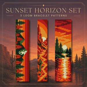 Puede incluir: Sunset Horizon Set 3 Loom Bracelet Patterns con tres diseños verticales de cuentas. El izquierdo muestra pinos verdes contra un cielo naranja. El centro representa un cañón desértico con un cactus. El derecho muestra un lago forestal al atardecer.