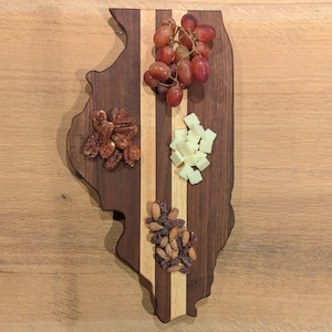 State of Illinois Cutting, Charcuterie, and Cheese Board Available in Walnut with Maple Stripes. 16&quot;x8.5&quot;x1&quot;