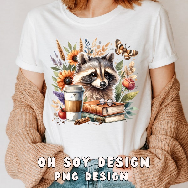 Raccoon Coffee Iced Cottage Core Clipart PNG, Wildflower png, Watercolor design, digital design for T-shirts, tote bags, stickers and more