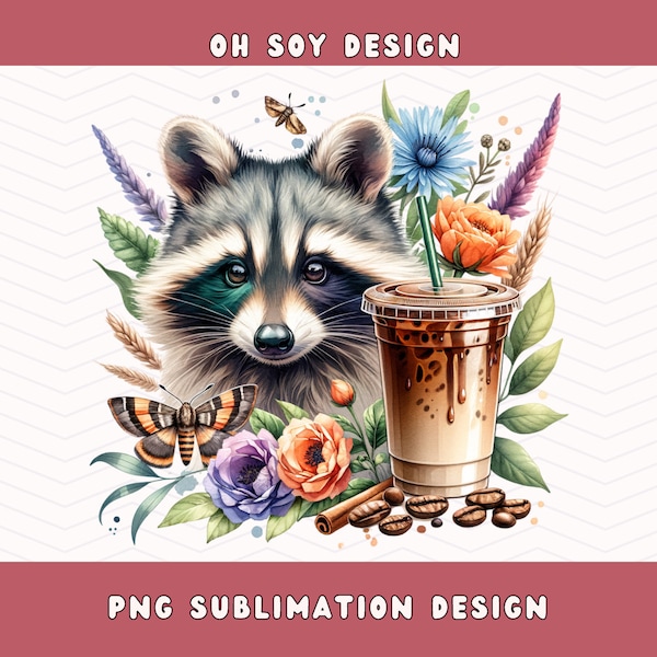 Raccoon Coffee Iced Cottage Core Clipart PNG, Wildflower png, Watercolor design, digital design for T-shirts, tote bags, stickers and more