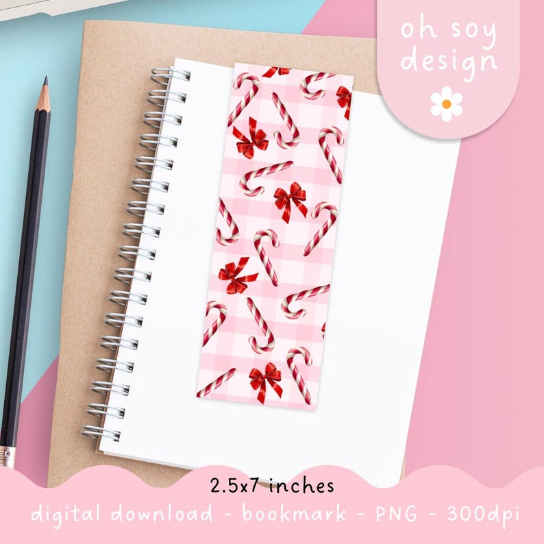 Candy Cane and Bows Printable Bookmark PNG, Christmas Bookmark, Digital ...
