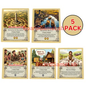 Maritime Mogul, Baa-ron of Sheep, Baaa-rgain Hunter, Pioneer of Progress en The Timekeeper-bonuskaarten voor uitbreidingen Settlers of Catan