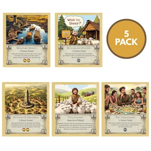 Set van 5: zeemagnaat, schapenliefhebber, hout voor schapen, voortgangskaarten en tijdwaarnemerskaarten compatibel met Catan's Kolonisten van Catan-uitbreidingen