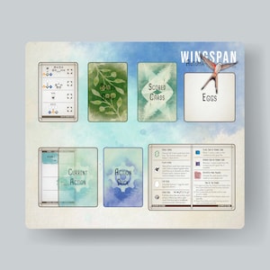 May include: A blue and white game board with the title "Wingspan Automa 2.0". The board includes a variety of cards, including "Bonus Card", "Scored Cards", and "Action Deck". There are also instructions for playing the game, including "Draw Cards", "Play a Bird", "Lay Eggs", "Claim Bonus", and "End of the Round".