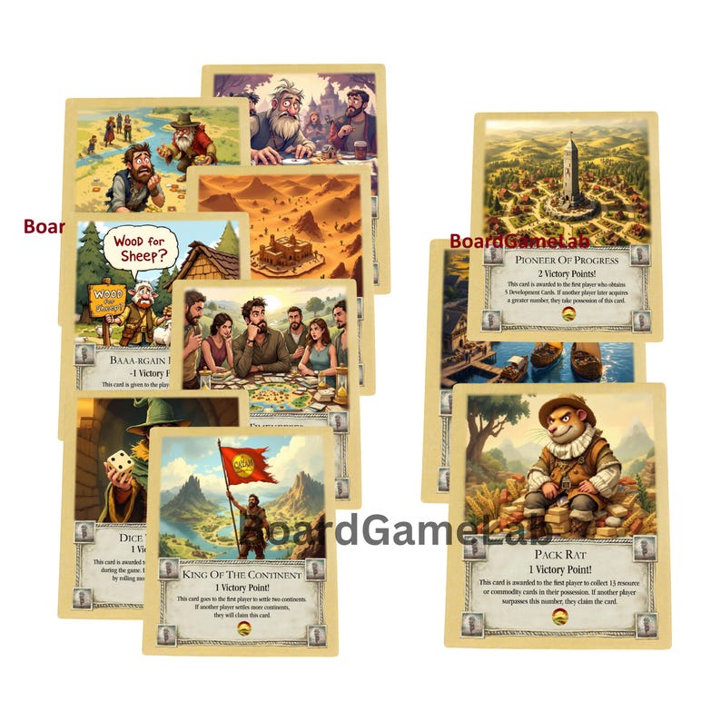 Peut inclure: Un ensemble de neuf cartes illustr&eacute;es pour un jeu de soci&eacute;t&eacute;. Les cartes pr&eacute;sentent diverses images, notamment un mouton, un ch&acirc;teau, un rat et un roi. Les cartes comportent du texte, notamment les mots "Pionnier du progr&egrave;s", "Roi du continent" et "Rat de sac".