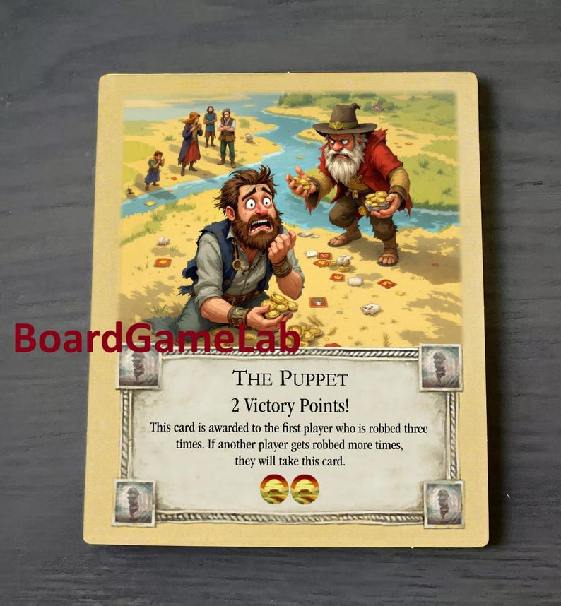 Peut inclure: Une carte de jeu illustrant un homme se faisant voler par un autre homme. La carte est intitul&eacute;e "La Marionnette" et indique "2 Points de Victoire !" Cette carte est attribu&eacute;e au premier joueur qui se fait voler trois fois. Si un autre joueur se fait voler plus de fois, il prendra cette carte.