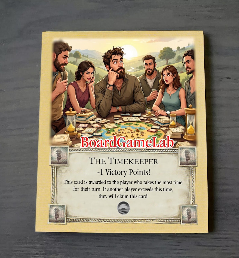 Peut inclure: Une carte de jeu de soci&eacute;t&eacute; illustrant des personnes jouant &agrave; un jeu de soci&eacute;t&eacute;. La carte est intitul&eacute;e "Le Gardien du Temps" et a une valeur de -1 point de victoire. Le texte sur la carte indique : "Cette carte est attribu&eacute;e au joueur qui prend le plus de temps pour son tour. Si un autre joueur d&eacute;passe ce temps, il r&eacute;clamera cette carte."