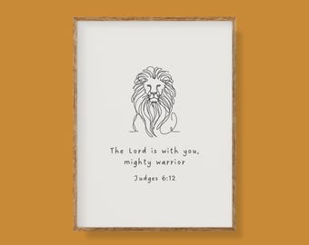 Judges 6:12 Lion Print, Minimalist Bible Verse Nursery Art (Digital Download)