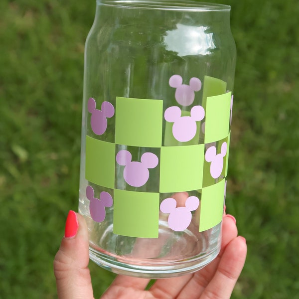 Aesthetic Disney Checkerboard Mickey Mouse Ear Beer Can Glass Cup-Summer||Spring|Gifts for her|Gifts under 20|Iced coffee cup|Disney 100