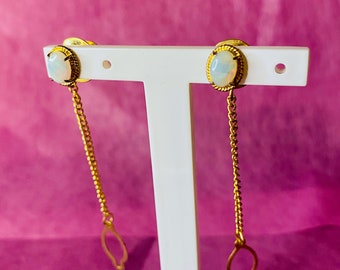 Gold EARRINGS Studs with Hanging Chain/Piece - set with 2 x Genuine Australian White Opal 7 x 5mm