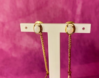 Gold EARRINGS studs with Hanging Chain/Pieces - set with 2 x Genuine Australian White Opal | One left!!
