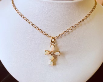 Solid SILVER CHAIN & CROSS Pendant (gold plated) se with 4 x Genuine Australian Cristal Opals 7x 5 mm