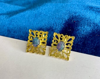 CUFFLINGS rectangular inlaid 18 x 14mm set with 2 x Genuine Australian Opal Triplets | One pair left!!