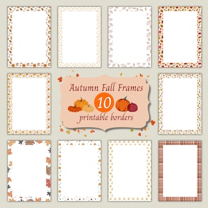 May include: A collection of 10 rectangular printable borders featuring autumn-themed patterns including pumpkins, leaves, and plaid designs. The central label reads Autumn Fall Frames 10 printable borders with illustrations of orange and purple pumpkins.