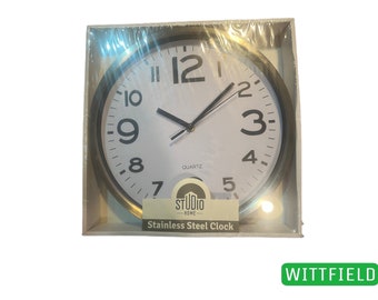 New stylish Studio nine kitchen clock in original packaging stainless steel wall clock battery operated 30 cm quartz silver-white fully functional VP06