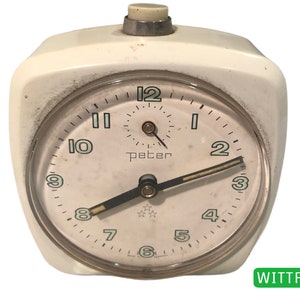 1960s Peter mech. Alarm Clock Stylish table clock white Germany