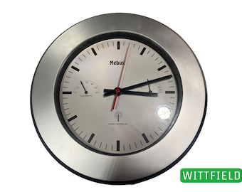 2000s Large Mebus radio controlled wall clock kitchen clock 33 cm with thermometer hydrometer quartz fully functional Germany VP06