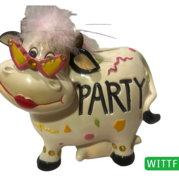 1990er Kunstgewerbe handgemalte Spardose Milchkuh Party Cow Keramik 17cm Germany WP06