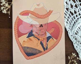May include: A digital illustration of a cowboy wearing a brown hat with a red rope around it. The cowboy is smoking a cigarette and has a serious expression on his face.
