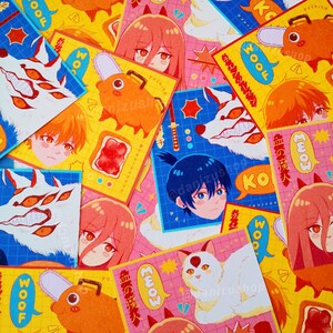 May include: A collection of colorful stickers featuring anime characters, animals, and Japanese text. The stickers are on a yellow, pink, and blue background. The text on the stickers reads "Woof", "Meow", "Ko", and "Blood of the Demon Slayer".