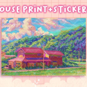 Pink House Art Print and Vinyl Sticker / aesthetic mini art prints 4x6 / anime background scenery art print / anime journaling mini postcard