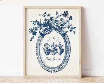 Three Sacred Hearts of the Holy Family | Vintage Catholic Wall Art | Blue | Digital Download