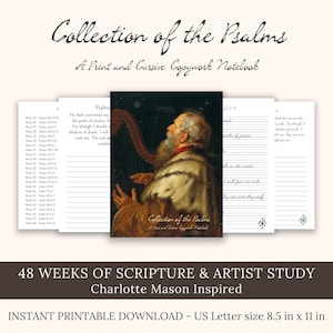 May include: A "Collection of the Psalms" print and cursive copywork notebook. The image shows a classical painting of a man with a harp, alongside lined pages for scripture and artist study. The text reads "48 Weeks of Scripture & Artist Study." The notebook is 21.6 cm x 27.9 cm.