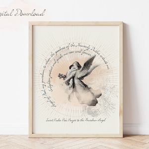 Prière de saint Padre Pio à l'ange gardien | Art mural catholique | Décoration d'intérieur | Cadeaux catholiques | Téléchargement numérique | Dessin au trait catholique