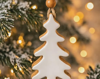 White Mango Wood Christmas Tree Ornament, Enamel Coated Wooden Tree Holiday Decoration, Rustic Xmas Hanging Decor, Neutral Festive Gift