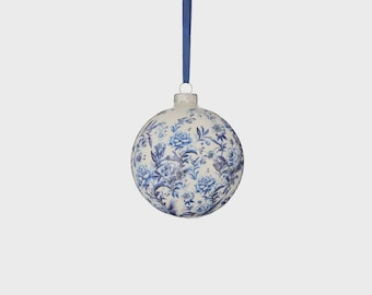 4" Blue and White Glass Toile Print Ball Ornament/Iridescent /Christmas Tree Ornaments/Christmas decor/Ornaments/Christmas Tree