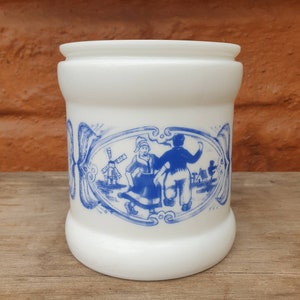Vintage Milk Glass Canister with Blue and White Dutch Scene | Opaline Willem 11 Humidor Cigar Canister | Utensil holder | pot plant pot