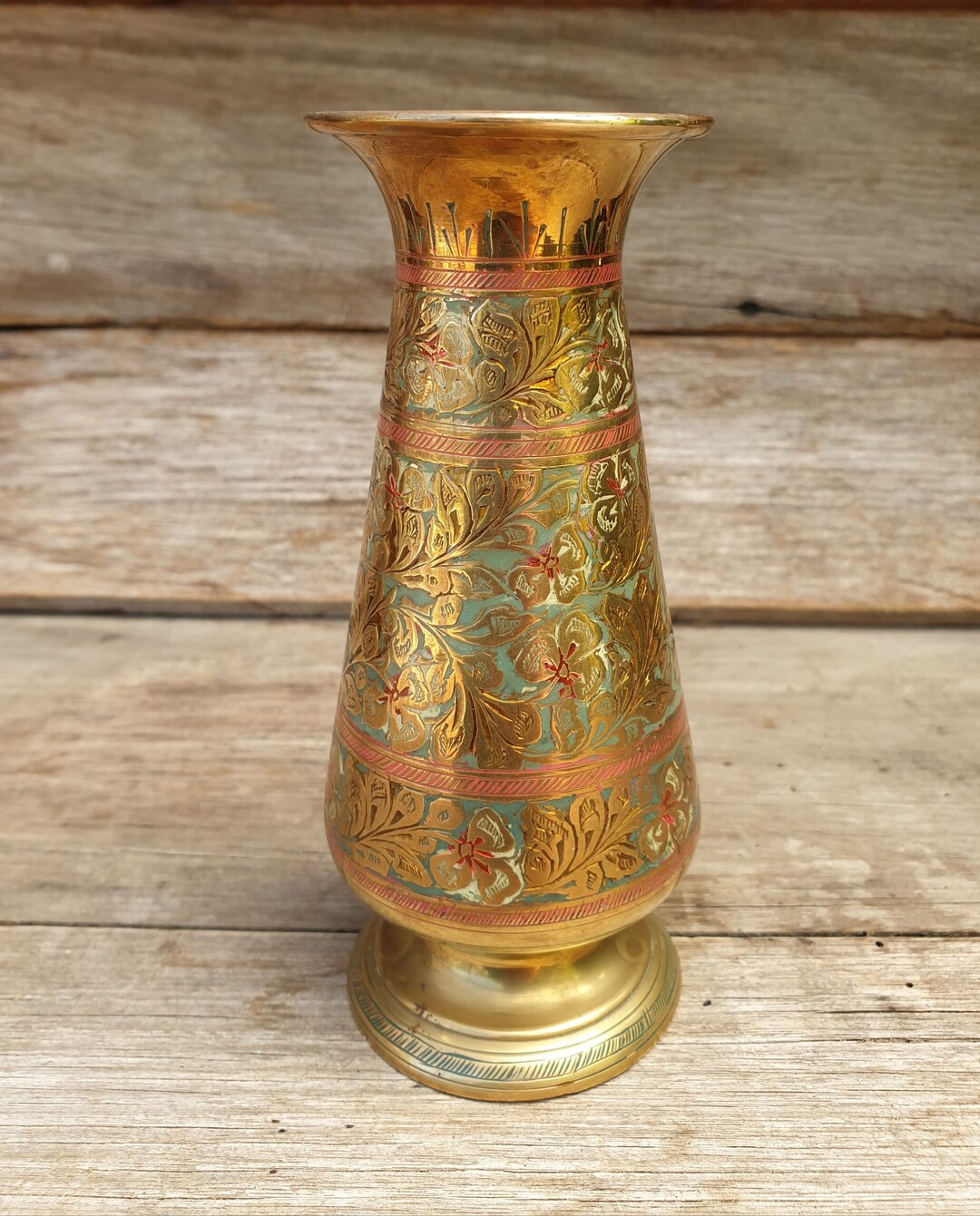 Vintage Etched Brass Vase With Green and Red Made in India Etsy