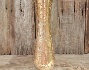 Vintage Brass Vase with Etched Floral Design