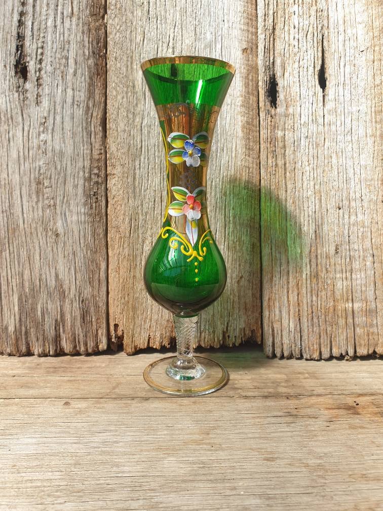 Vintage Czech Bohemian Green Glass Handpainted Bud Vase With Gold