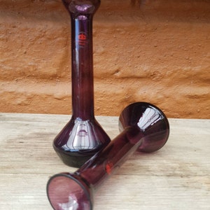 Pair of vintage purple glass bud vases | Unusual shape | made in Thailand