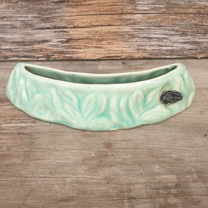 Puede incluir: Un macetero de cerámica verde claro con un diseño de hojas. El macetero está hecho a mano y tiene una etiqueta que dice "Allamanda Pottery".