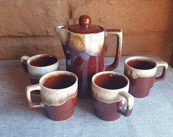 Vintage Drip Glaze Teapot and 4 stackable cups | Made in Japan