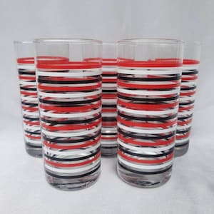 5er Set Retro Luminarc High Ball Gläser mit roten, weißen und schwarzen Streifen