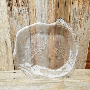 Puede incluir: Un plato de servir de vidrio transparente con un diseño de remolino. El plato tiene una forma única y orgánica con bordes elevados.