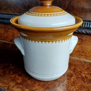 May include: A white and brown ceramic lidded container. The container has a round shape with two small handles. The lid and rim are brown, while the body is white. The lid has a small, rounded handle.
