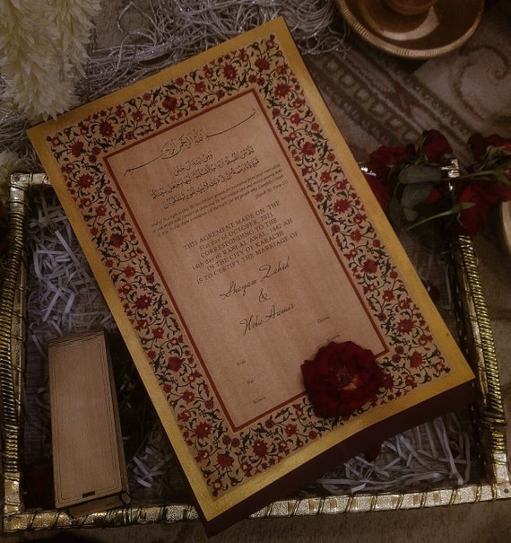 100% Hand Painted Marriage Contract Nikkah Nama | Royal Islamic Wedding Certificate Best Keepsake Gift for Muslim Couple