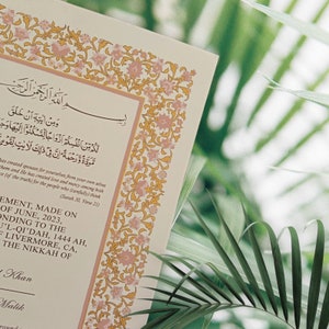 Handbemalter Nikkah Vertrag Islamische Heirat Nikkah Zertifikat | Mughal inspirierte Kunst | Geschenk für muslimisches Paar | Nikkah Zertifikat