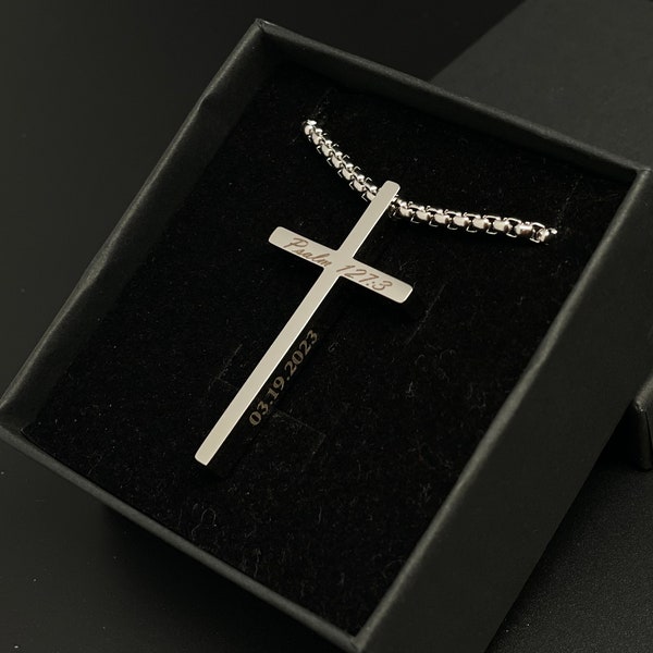 Personalized Cross Necklace in Gift Box Men's Stainless Steel Cross Jewelry Name Custom Present Christian Catholic Groomsman Father Husband