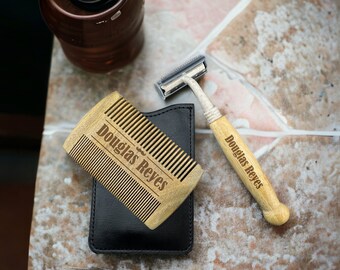 Personalized Beard Gift Set, Sandalwood Comb, Engraved Wooden Handled Razor, Best Man Gift, Groomsmen Gift, Bachelor Party Favors