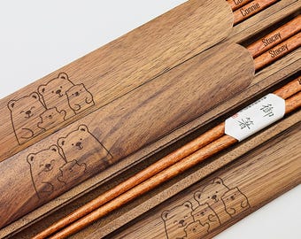 Engraved Walnut Chopsticks in Custom Box for Family Members -  Unique Memorable Present for Loved Ones