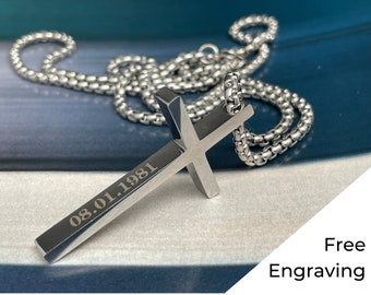 Personalized Cross Necklace Gifts for Men Dad Boyfriend Nephew Grandson Silver Black Custom Laser Engraved Christian Jewelry Baptism Gift