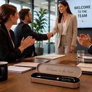 May include: A black ballpoint pen with gold accents rests inside an open, elongated, champagne-colored case. The interior lid of the case features the engraved text "Welcome to the team," while the pen barrel is personalized with the name "Gizelle May."