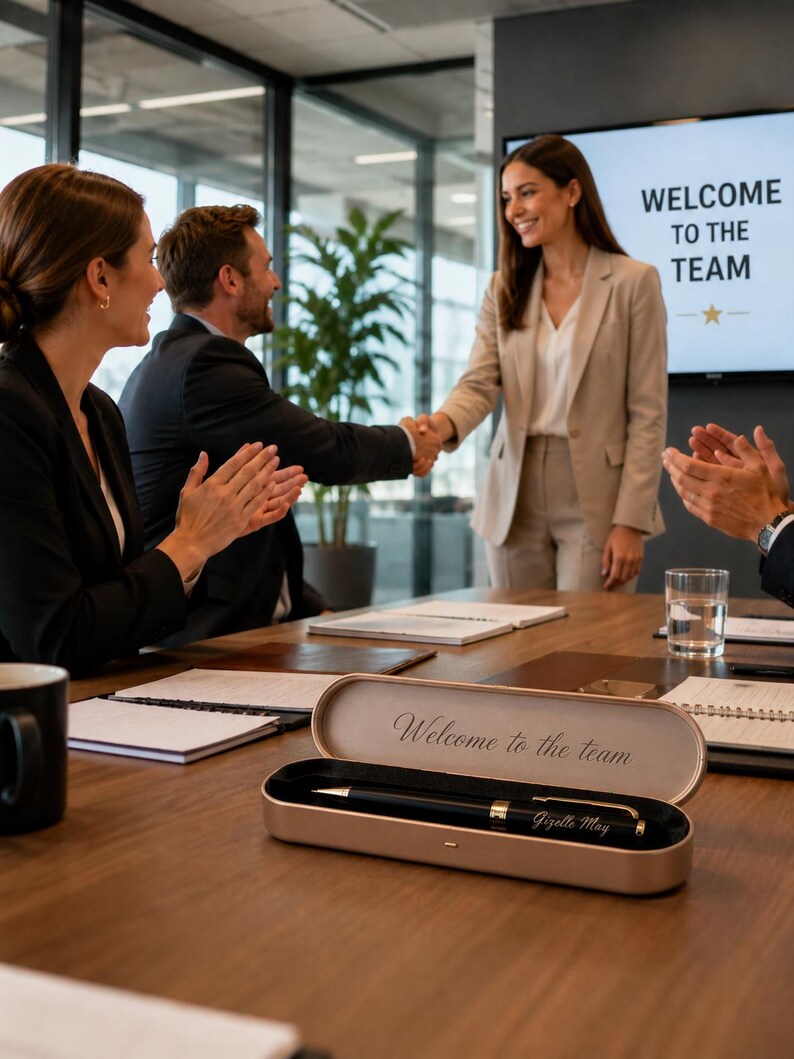 May include: A black ballpoint pen with gold accents rests inside an open, elongated, champagne-colored case. The interior lid of the case features the engraved text "Welcome to the team," while the pen barrel is personalized with the name "Gizelle May."